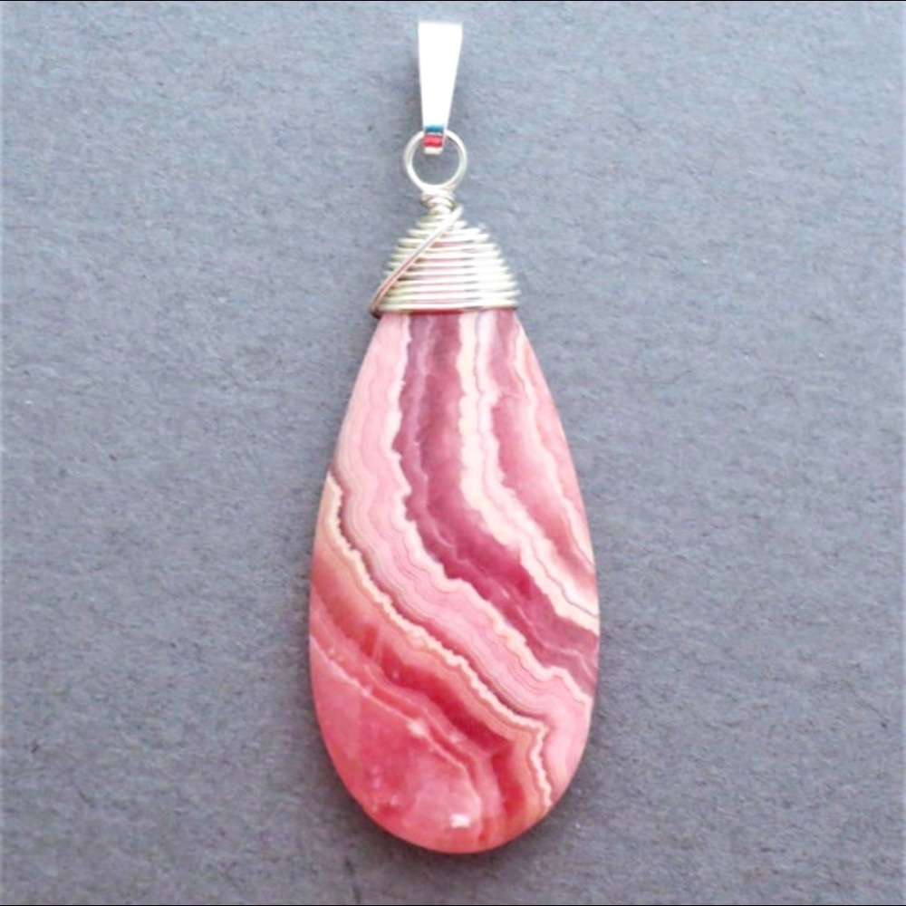 Rhodochrosite Pink Gemstone Sterling Teardrop Pendant